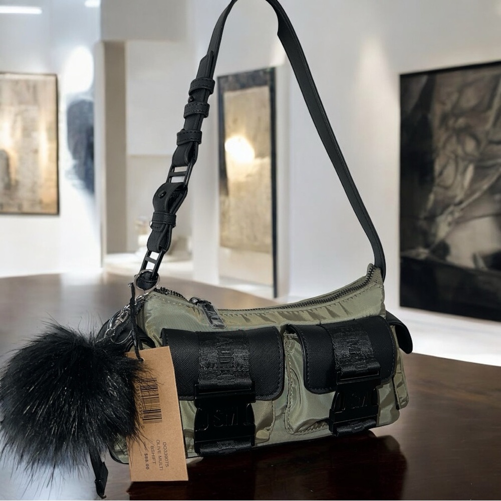 STEVE MADDEN 🖤Army Green and Black Shoulder Bag with Fur Accent BAG CHARM🔥
